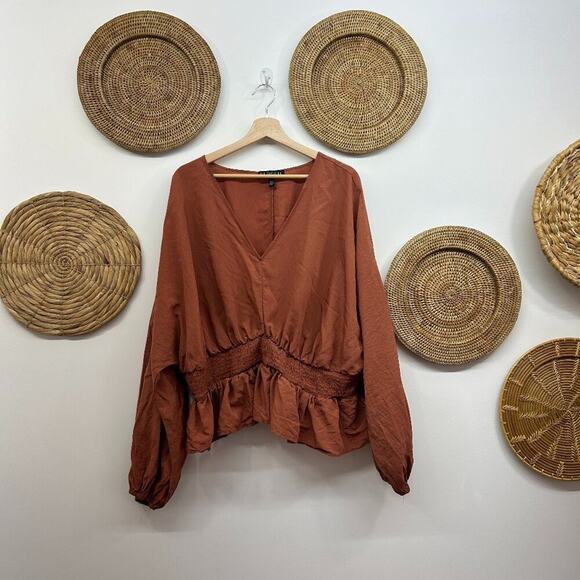 Eloquii Brown Neutral Smocked Waist Peplum Long Sleeve Blouse Top Plus Size 26 - Picture 2 of 7